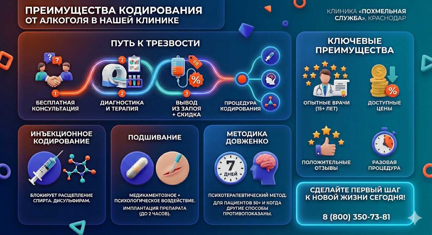 Инфографика о методах кодирования от алкоголя в Краснодоне: инъекции, подшивание, метод Довженко. Преимущества клиники и этапы лечения.