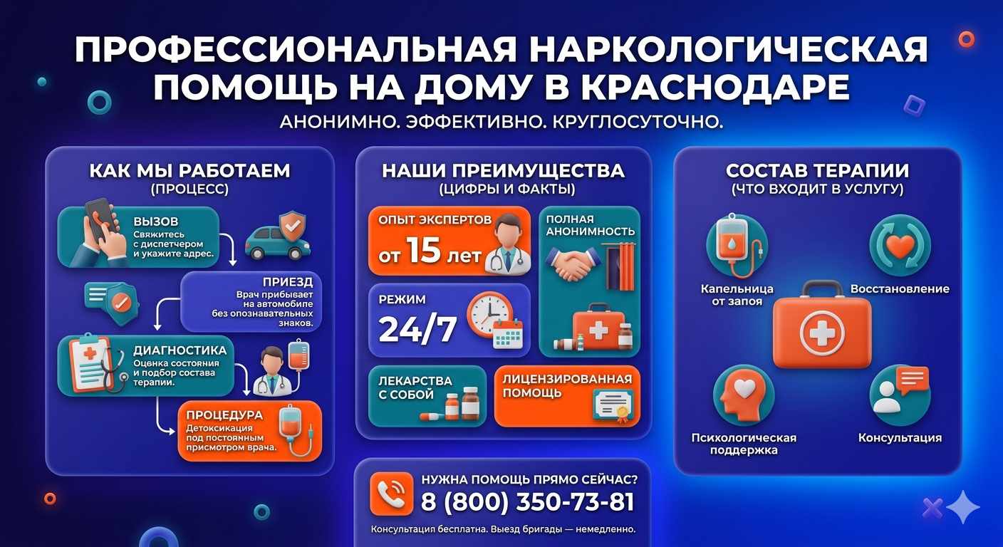 Инфографика о принципах лечения алкоголизма на дому в Краснодоне: этапы вызова нарколога, преимущества анонимной детоксикации и состав медицинской помощи.